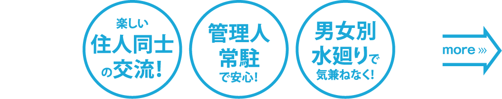 楽しい住人同士の交流!|管理人常駐で安心!|男女別水廻りで気兼ねなく!