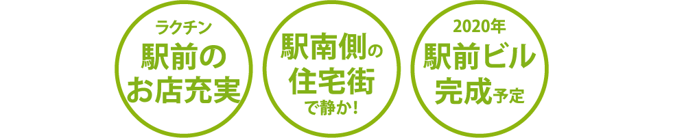ラクチン駅前のお店充実|駅南側の住宅街で静か!|2020年駅前ビル完成予定