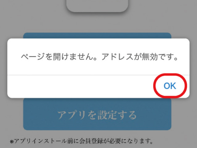 「ページを開けません。アドレスが無効です。」と表示されるので、「OK」をタップしてください。