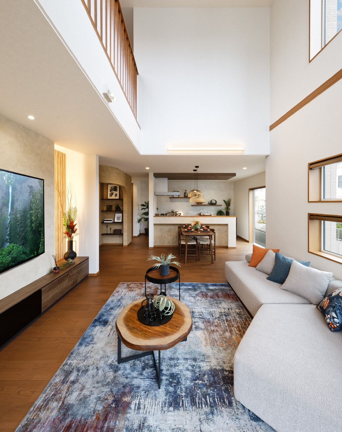 明るく開放的な吹抜けのあるリビング空間