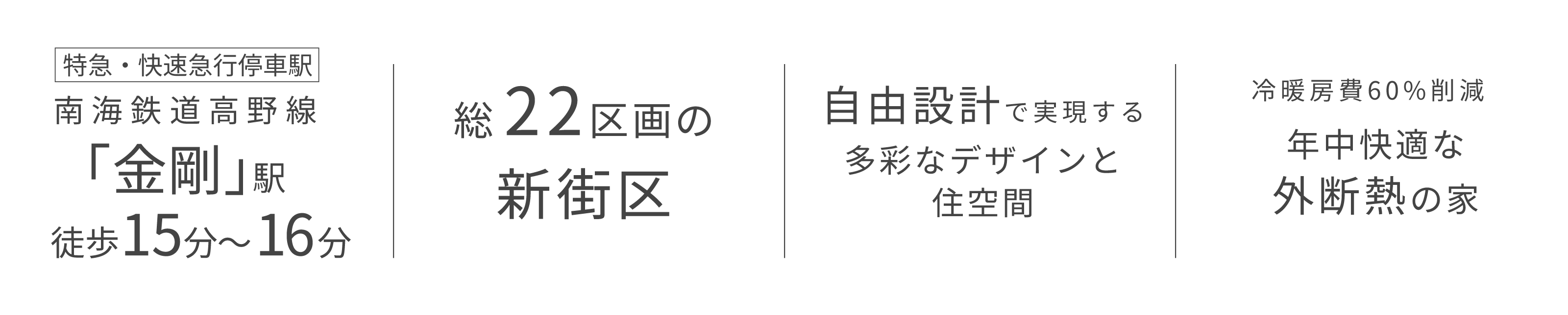 [特急・快速急行停車駅]南海鉄道高野線「金剛」駅 徒歩15分〜16分／総22区画の新街区／自由設計で実現する多彩なデザインと住空間／冷暖房費60%削減 年中快適な外断熱の家