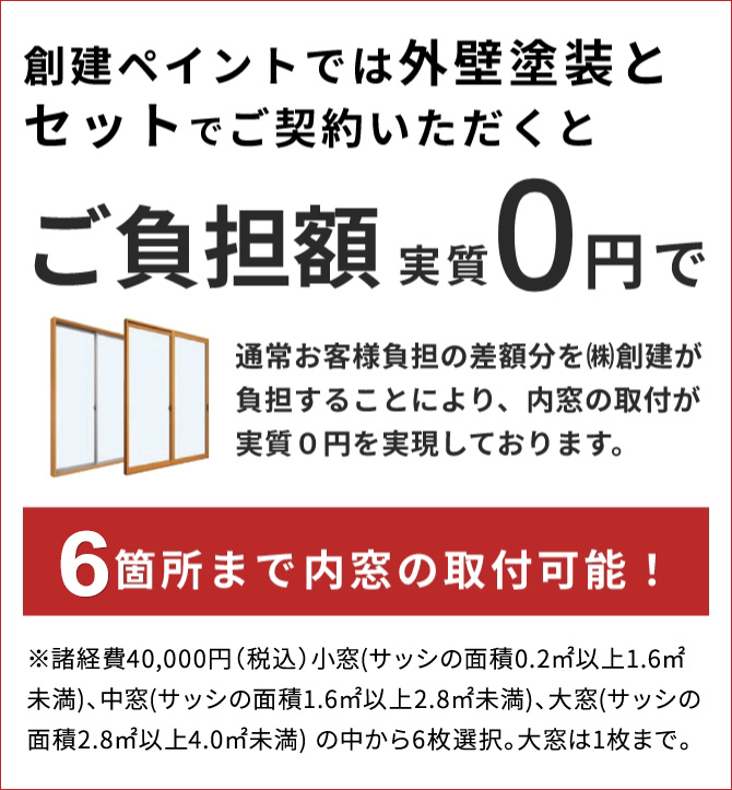 今だけ！創建ペイントでは外壁塗装とセットでご契約いただくとご負担額実質0円で6か所まで内窓の取付可能！