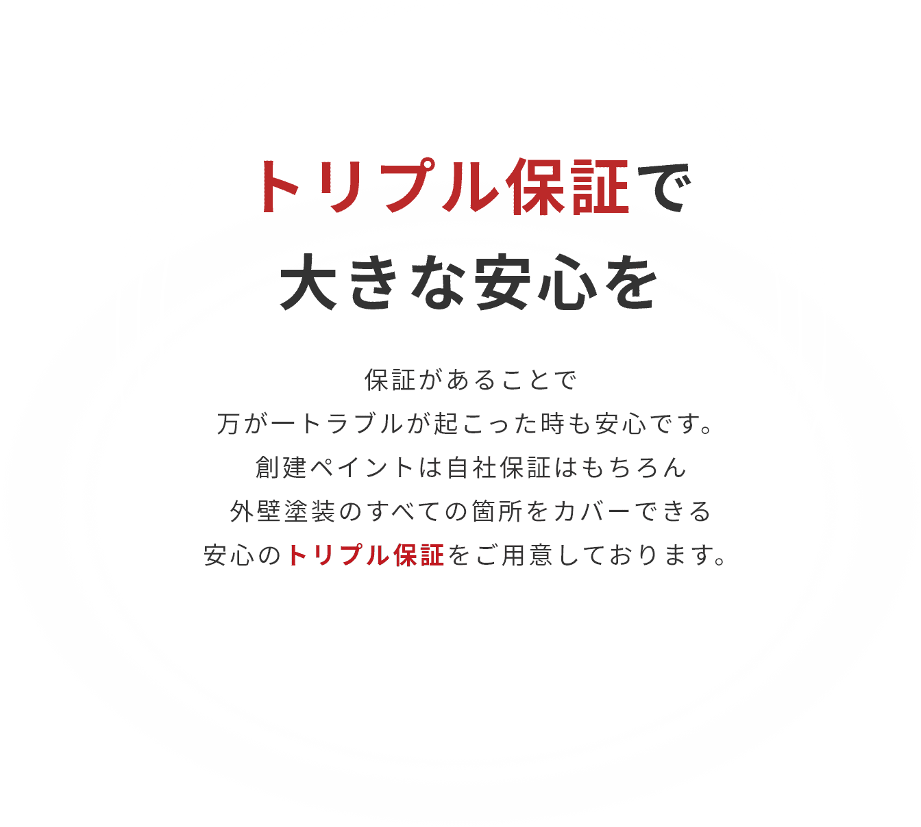 トリプル保証で大きな安心を　保証があることで万が一トラブルが起こった時も安心です。創建ペイントは自社保証はもちろん外壁塗装のすべての箇所をカバーできる安心のトリプル保証をご用意しております。