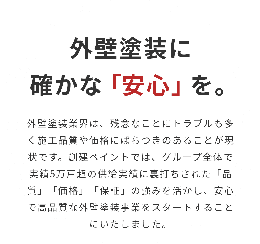 外壁塗装に確かな「安心」を。外壁塗装業界は、残念なことにトラブルも多く施工品質や価格にばらつきのあることが現状です。創建ペイントでは、グループ全体で実績5万戸超の供給実績に裏打ちされた「品質」「価格」「保証」の強みを活かし、安心で高品質な外壁塗装事業をスタートすることにいたしました。